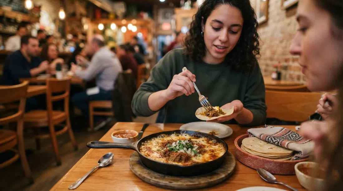 Ein brutzelnder Eisentopf mit Queso Fundido mit Ziegen-Birria bei Mi Tocaya Antojeria, geschmolzener Käse und Tortillas an einem warm beleuchteten Tisch