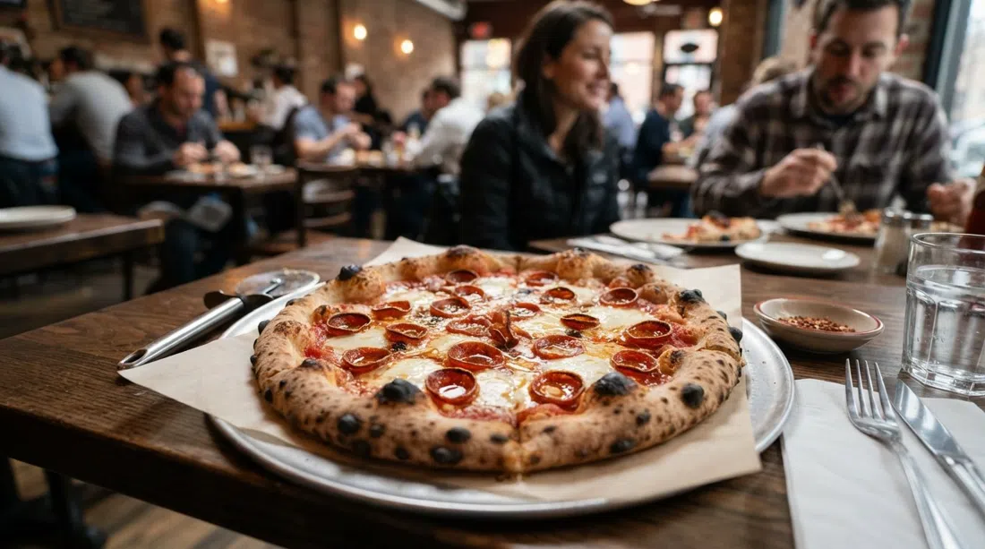 Eine Hot-Honey-Hellboy-Pizza bei Paulie Gees, Blasenkruste mit glänzender Peperoni und Honig, die das Licht einfangen