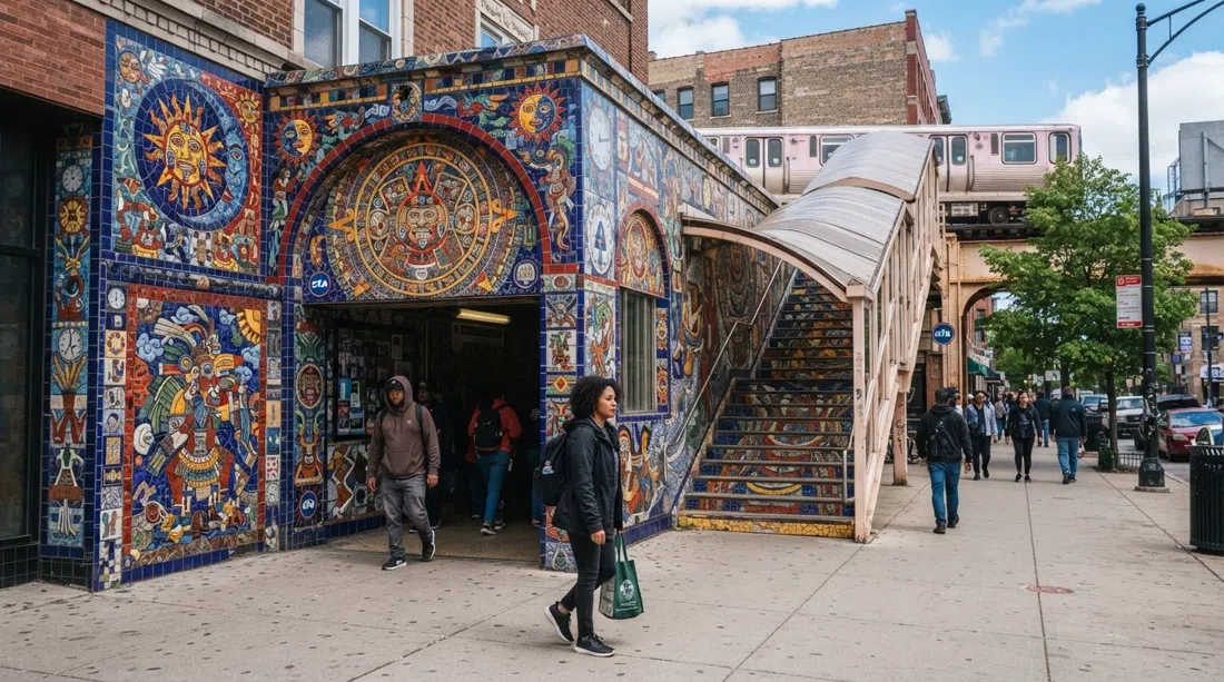 la estación de la Línea Rosa en la calle 18 en Pilsen, Chicago, envuelta en los mosaicos y murales de Francisco Mendoza con motivos aztecas de sol y luna a nivel de calle