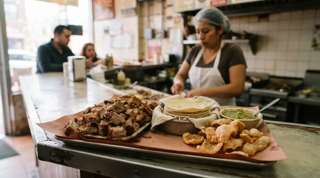una bandeja de carnitas de cerdo de Carnitas Uruapan por libra con tortillas frescas, salsa verde y chicharrón crujiente sobre un mostrador en Pilsen