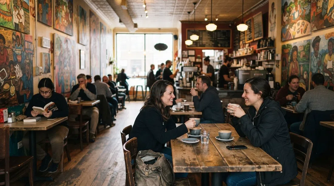 el interior brillante y lleno de murales de Cafe Jumping Bean en Pilsen, Chicago, con tazas de café en las mesas y clientes habituales del vecindario en la sala