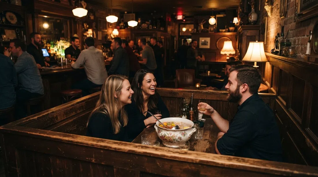 el bar en el sótano con paneles de madera de Punch House bajo Thalia Hall, con poncheras compartidas e iluminación retro tenue en Pilsen