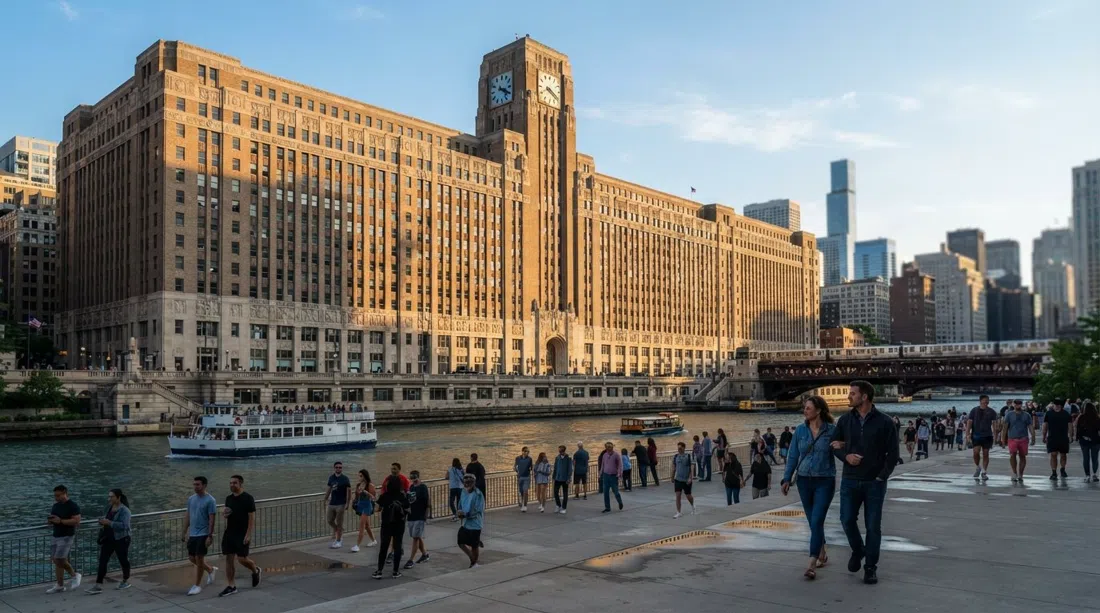la inmensa fachada Art Decó del theMART frente al río a la luz de la tarde, su larga masa horizontal elevándose sobre el río Chicago