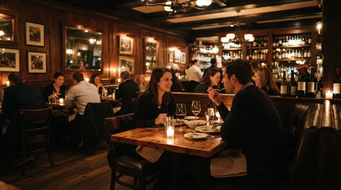 el comedor oscuro y revestido de madera de Bavette’s Bar & Boeuf, mesas iluminadas con velas y un brillo de filetería refinada