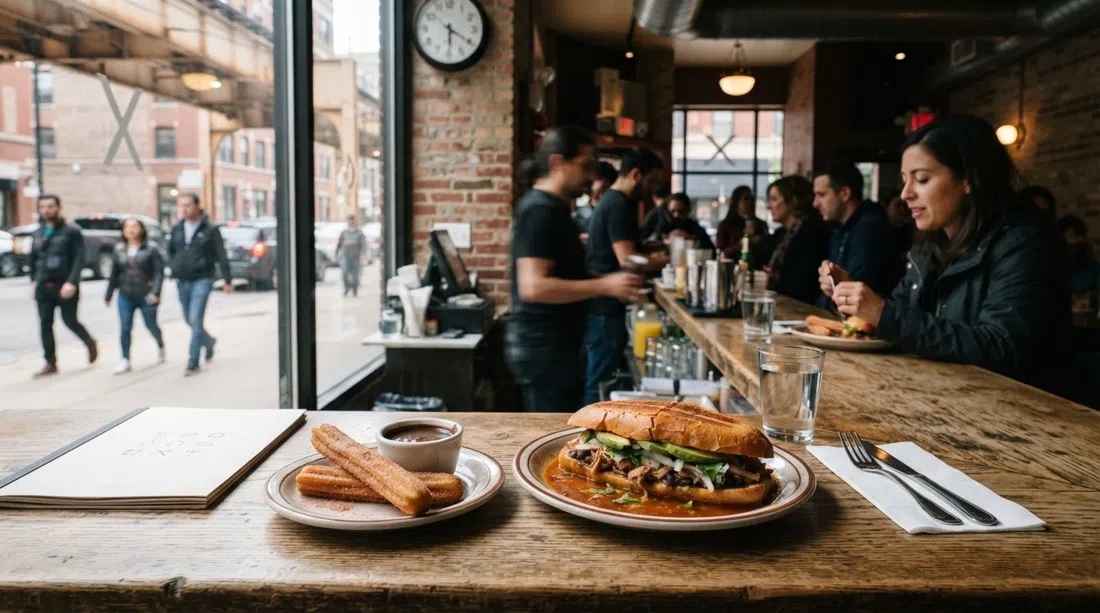 un plato de tortas y chocolate caliente espeso en Xoco, con churros al lado sobre una barra junto a la entrada de Clark Street