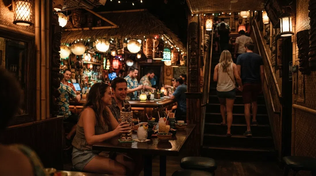el bar tiki subterráneo Three Dots and a Dash, con tazas talladas, luz cálida y tenue y la entrada del callejón en Clark Street