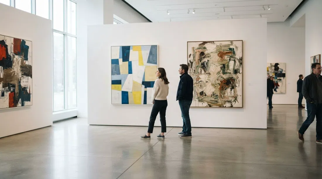 una galería contemporánea de paredes blancas en River North con grandes lienzos abstractos y suelos de hormigón pulido