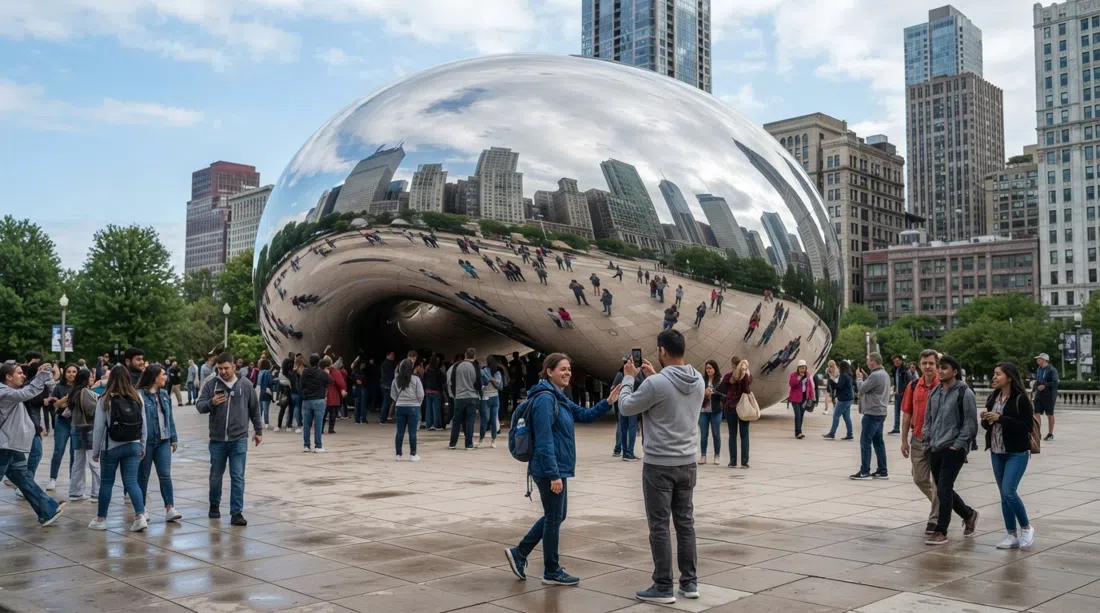 Cloud Gate en Millennium Park reflejando el horizonte de Chicago a la luz del día, visitantes reunidos alrededor del Bean espejado en la plaza