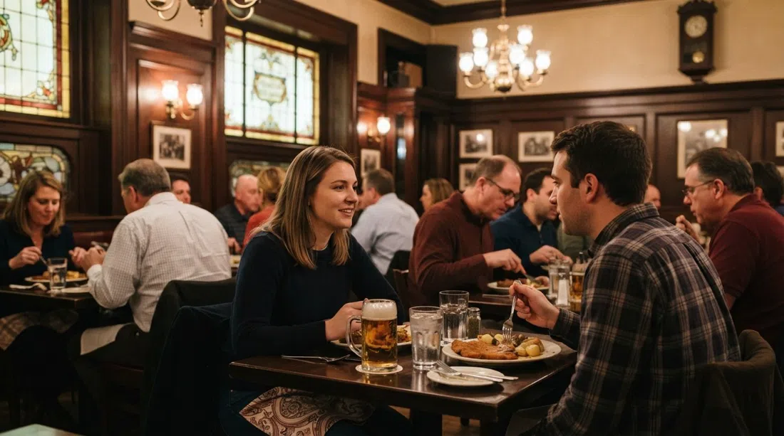El clásico comedor de The Berghoff en 17 W Adams, madera cálida, vasos de cerveza y platos alemanes bajo iluminación histórica