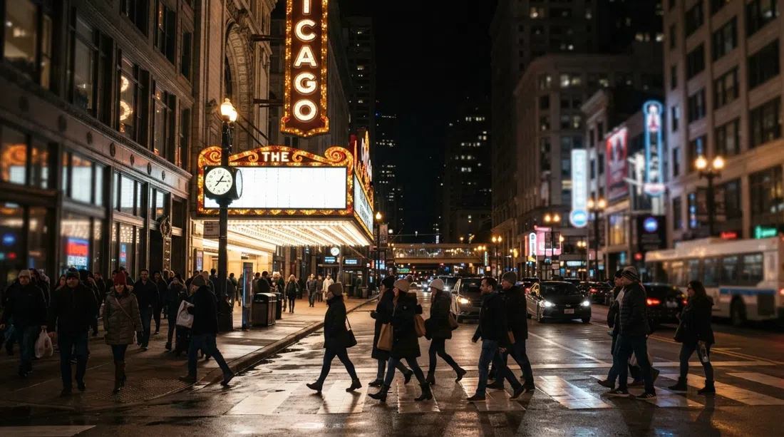 La marquesina del Chicago Theatre brillando en State Street de noche, peatones cruzando bajo el cartel histórico