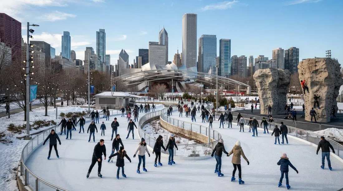 Pista de patinaje serpenteante y área de escalada de Maggie Daley Park junto a Millennium Park en un brillante día de invierno
