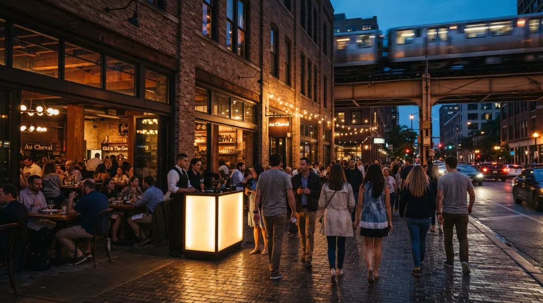 Randolph Street Restaurant Row en West Loop al atardecer, fachadas de almacenes marrón óxido llenas de comensales, podios de hostess brillantes y las vías de la Línea Verde implícitas arriba