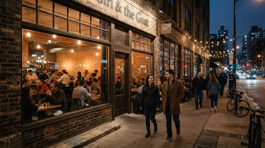 Girl & the Goat en West Randolph en Chicago, luz cálida de ventana derramándose sobre la acera frente a la fachada de ladrillo del restaurante a la hora de la cena