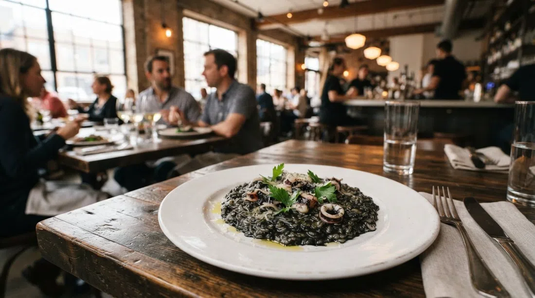 un crni rizot servido en Rose Mary en Fulton Market, risotto de tinta de sepia brillante en un plato blanco con un desenfoque de comedor limpio y moderno detrás