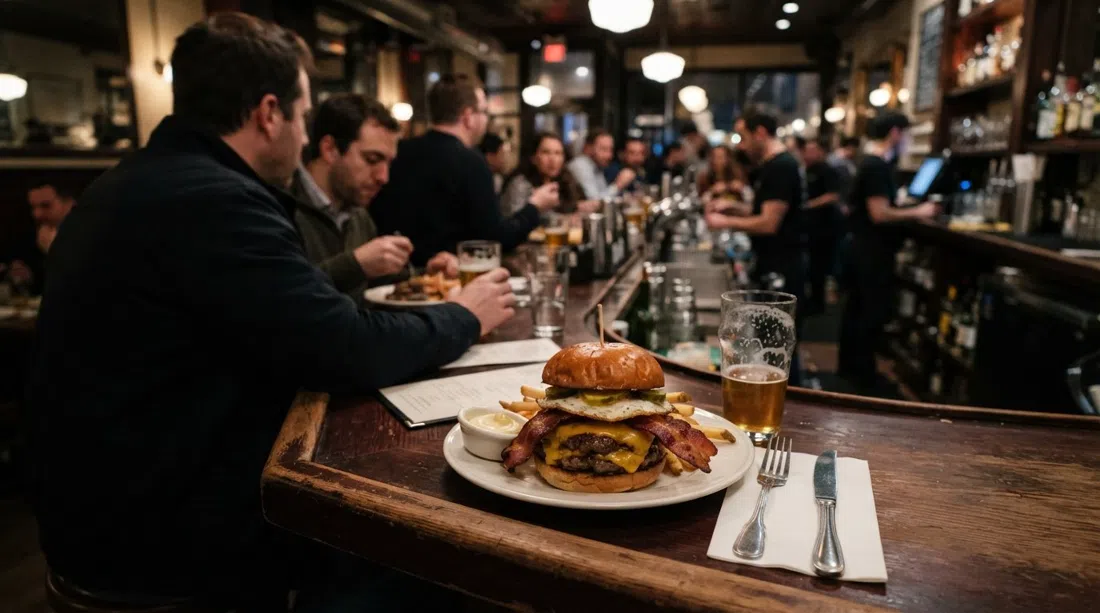 la barra de Au Cheval en West Randolph, un plato de hamburguesa con tocino grueso y queso derretido junto a una sala de comedor concurrida de noche