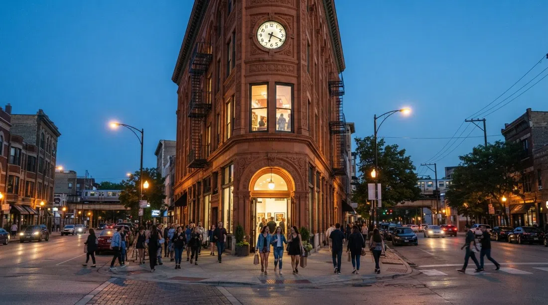 el edificio Flat Iron Arts en forma de cuña en Six Corners sobre la avenida Milwaukee, su fachada histórica y ventanas de estudio iluminadas al atardecer mientras la gente llega para los estudios abiertos del primer viernes