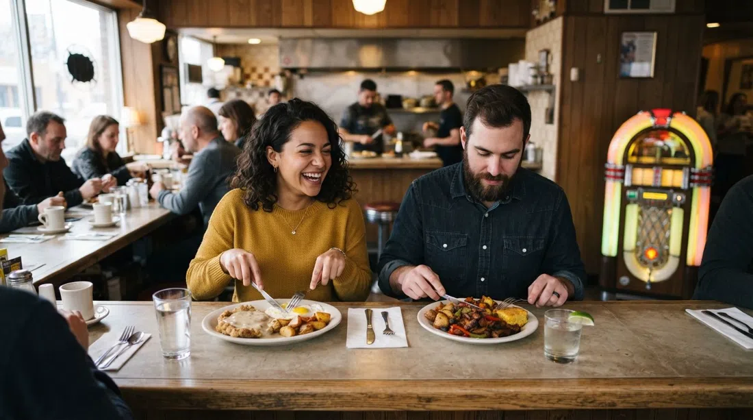 los asientos del mostrador dentro de Dove's Luncheonette en Damen Avenue, platos de chicken-fried steak y hash de brisket con puntas quemadas junto a un mezcal y una rocola encendida