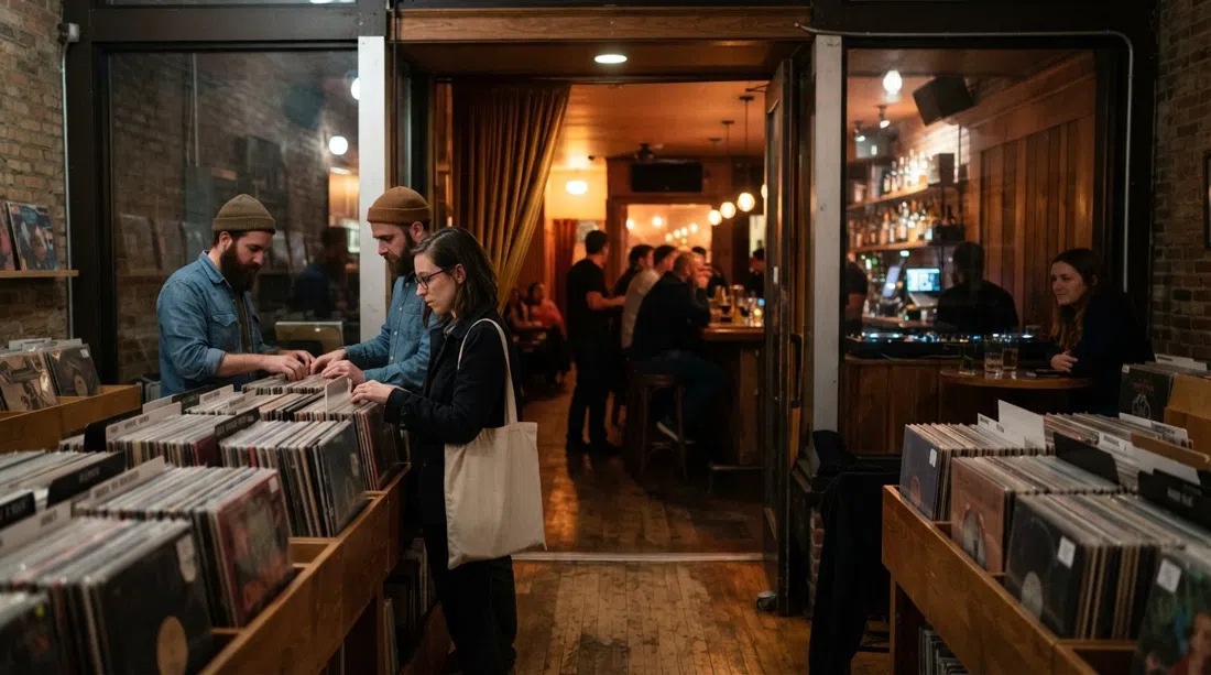 la entrada a Dorian's Through The Record Shop en North Avenue, con cubos de discos en primer plano y el bar de escucha de alta fidelidad brillando suavemente al fondo