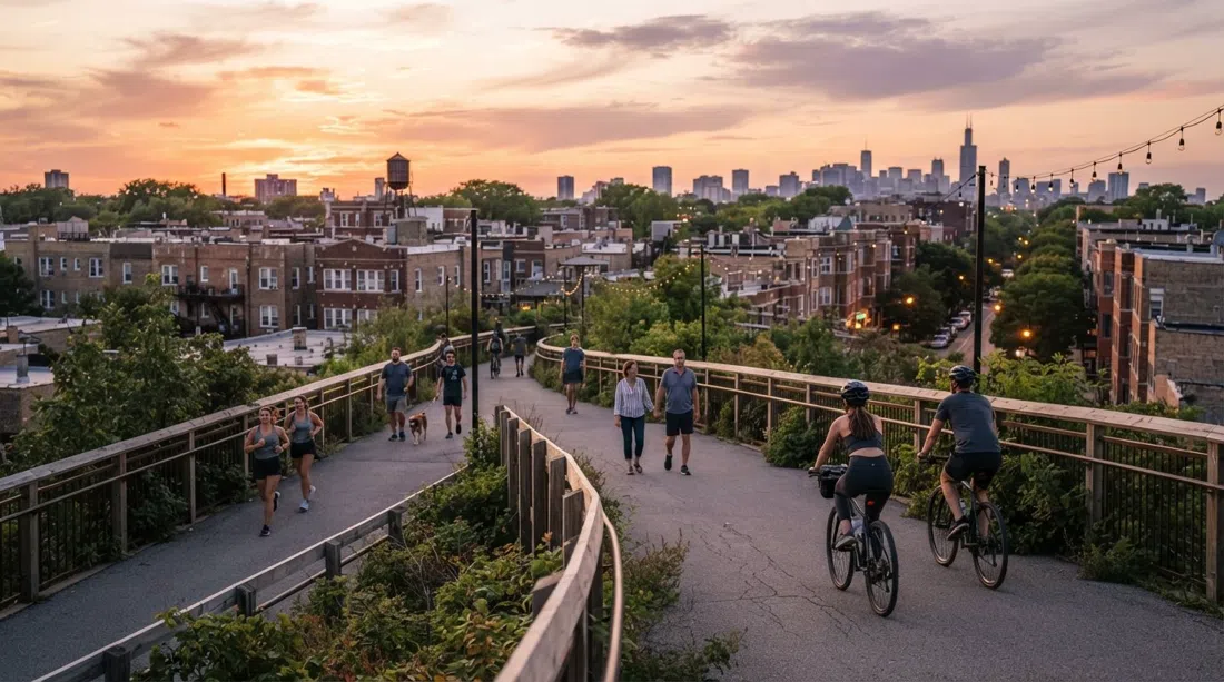 atardecer en el sendero elevado The 606 sobre Bucktown, ciclistas y peatones avanzan por la vía verde con tejados bajos y cielo cálido al fondo