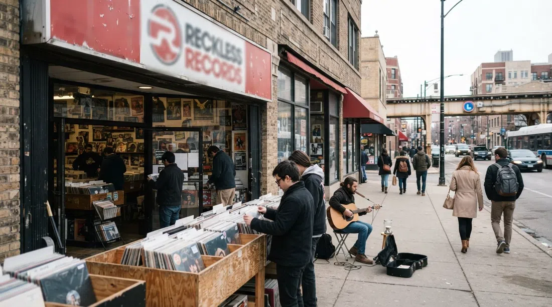 los contenedores de vinilos usados y la fachada de Reckless Records en Milwaukee Avenue, con peatones y músicos callejeros pasando por la tienda a nivel de calle